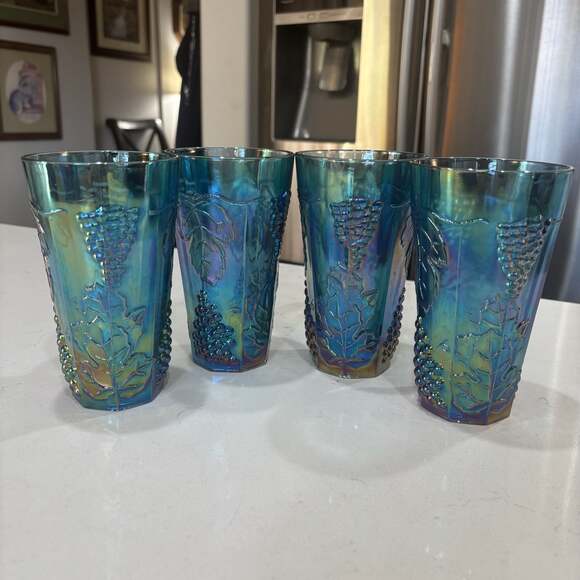 Indiana Glass Other - Vintage Indiana Iridescent Blue Carnival Glass Grape Pattern Tumblers Set of 4